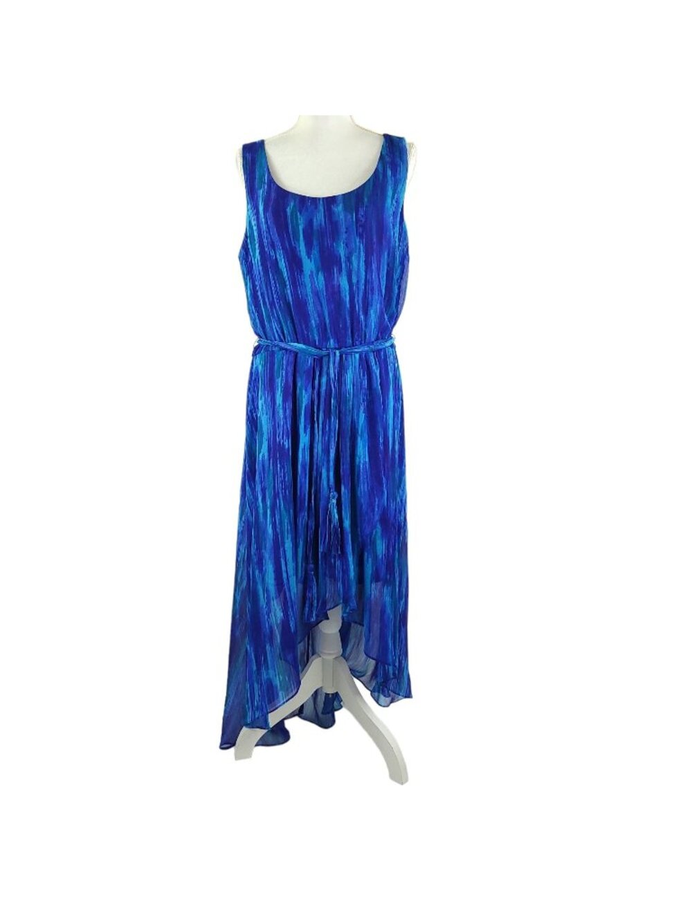 MSK High Low Dress Size 16 Blue Abstract Watercolor Goth Fairycore Tie Belt NEW